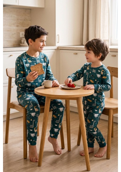 Zuzunga Erkek Çocuk %100 Pamuk Süprem Kumaş Uzun Kollu Mevsimlik Pijama Takımı Haki