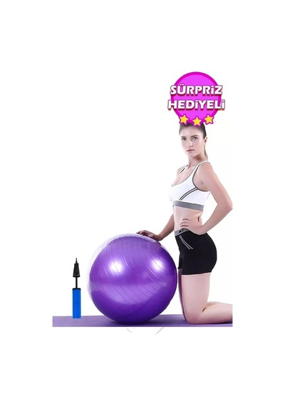 Ayla Stand 65 Cm Fitilli Pilates Topu, Pompa Seti, Mor, Denge Yoga Spor Egzersiz