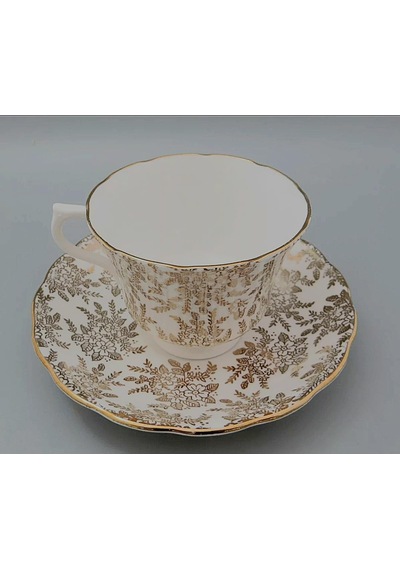 Vintage Porselen Çay Fincanı Ve Tabağı Seti, Altın Yaprak Desenli, Beyaz Ve Gri Çok Renkli