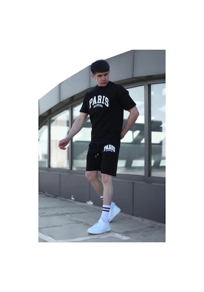 Erkek Alt-üst Tshirt-şort Kombini Paris Baskılı Pamuklu Oversize Takım Siyah