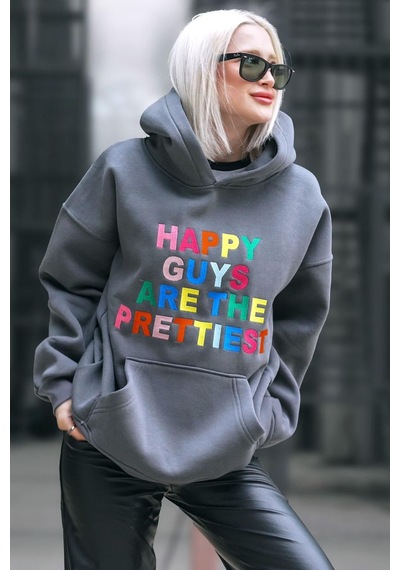 Füme Renkli Nakışlı Bisiklet Yaka Sweatshirt Mg1574