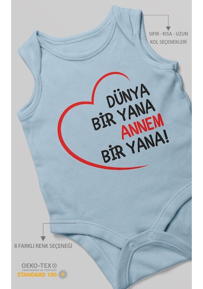 Morivokids Dünya Bir Yana Annem Bir Yana Sıfır Kollu Bebek Zıbını %100 Pamuk Bebe Mavisi