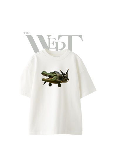 Thewert Crocodile Plane Tasarım Baskılı Ünisex Beyaz Oversize T-shirt