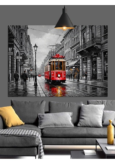 Kırmızı Tramvay Eski Şehir Dekoratif Kanvas - Mdf Ahşap Tablo