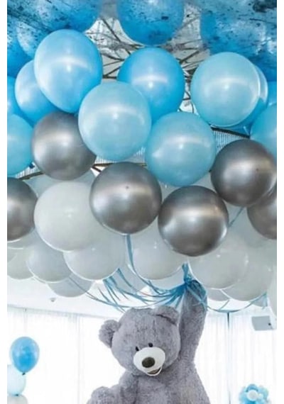20 Adet Metalik Açık Mavi - Beyaz - Gümüş Gri Helyumla Uçabilen Balon Parlak Sedefli