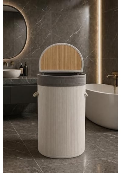 Lüks Bambu Kapaklı Kirli Çamaşır Ve Oyuncak Sepeti Beyaz Renk 40x30x60 Cm 72 Litre Beyaz, 60x40x30, Oval Diğer