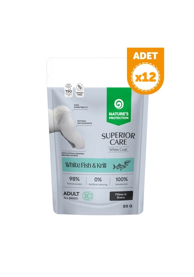 Nature S Protection Superior Care Beyaz Tüylü Köpekler İçin Beyaz Balıklı & Krilli Sos İçinde Yaş Köpek Maması 85g 12 Adet