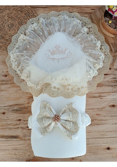Özel Dantelli Bebek Kundağı Unisex Bebek Dış Kundak Battaniyesi Hastane Çıkışı Mevlütlük Hediyelik Knd45329 Ekru