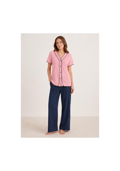 Pijamask Kadın Kısa Kollu Pamuklu Pijama Takım Lacivert