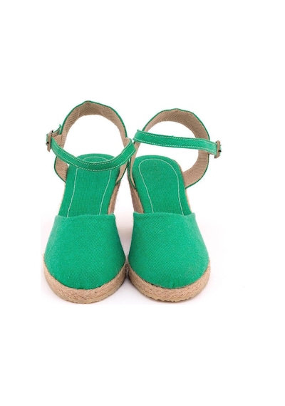 Star Tombis Gerçek Elişi Topuğu Açık Bilekten Bantlı Dolgu Topuk Keten Hasır Espadril Handmade Yeşil