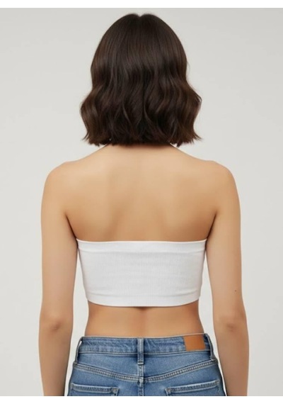 Afri Kadın Beyaz Taş Detaylı Straplez Crop Top Esnek Kumaş, Işıltılı Bant Büstiyer Beyaz