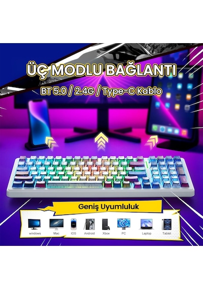 Aula F99 3 Modlu Rgb Hot Swap Mekanik Graywood V3 Switch Kablosuz Makrolu Gaming Klavye Comic