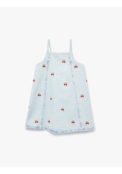 Koton Çilek Detaylı Kare Yaka Askılı Denim Elbise Lıght Indıgo 6smg80008ad Açık Mavi