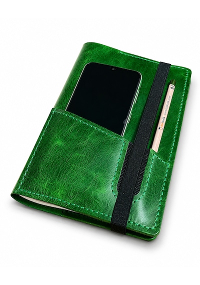 Bilikolik Hakiki Deri A5 Defter Kılıfı, El Yapımı, Telefon Cepli Ajanda Organizer, Defter Ve Kalem Dahil Yeşil