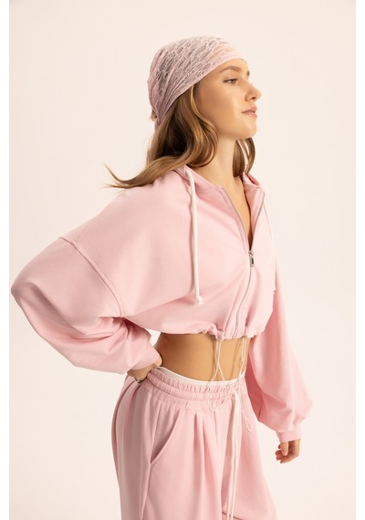 Mai Studios Co. Olin Bel Detay Pembe Kapüşonlu Crop Eşofman Takım Pembe