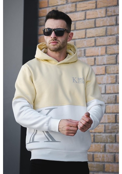 Oksit Kewin Üç İplik Şardonlu Baskılı Çift Renk Parçalı Kapüşonlu Erkek Sweatshirt 001