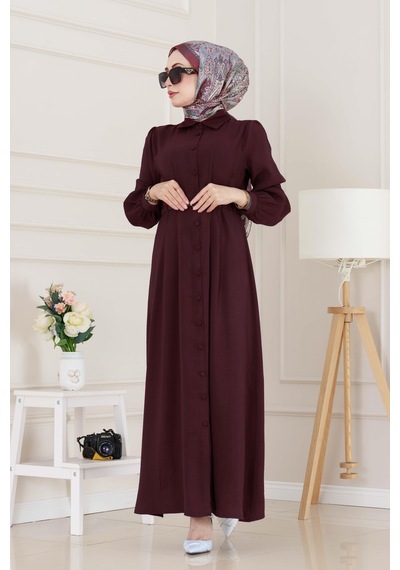 Sevitli Kemerli Tensel Elbise-bordo-5035 Bordo