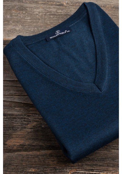 Woolen World V Yaka Battal Büyük Boy Yünlü Kolsuz Triko Süveter İndigo