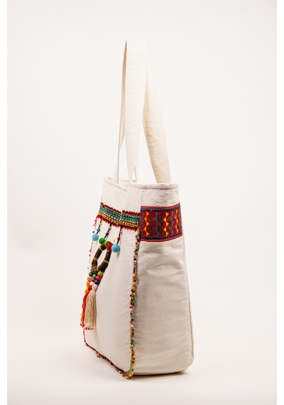 Fabric Craft Bag Omuz Çanta Bohem Detaylı Krem Kanvas 45x40 Cm Astarlı Günlük Çanta