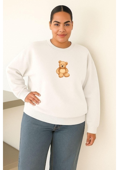 Benroma 3 İplik Penye Ayıcık Baskılı Büyük Beden Unisex Sweatshırt Beyaz