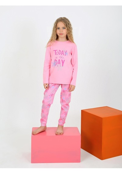 Kız Çocuk Uzun Kollu %100 Pamuklu Pijama Takımı Today Koyu Pembe