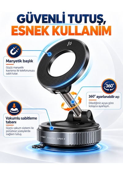 K007 Vakumlu Vantuzlu Manyetik Araç Telefon Tutucu Alüminyum Alaşım Katlanabilir Çok Açılı Torpido Cam Uyumlu Güçlü Mıknatıslı