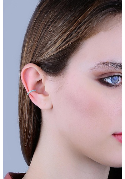 Gümüş Rodyumlu Turkuaz Taşlı Sıkıştırmalı Kıkırdak Küpe Ear Cuff