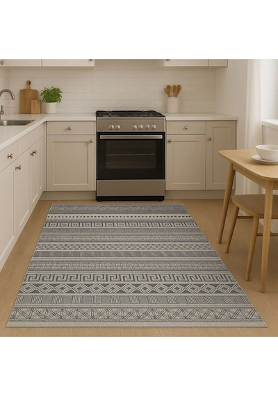 Gri Renk Etnik Desen Modern Halı Dekoratif Kilim
