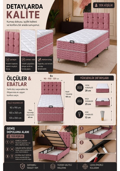 90x190 Bengü Tek Kişilik Set Baza Başlık Yatak 90 x 190