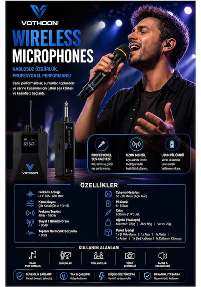Wireless Mikrofon Sistemi Uhf Kablosuz El Mikrofonu Profesyonel Ses Performansı 50 Mt Menzil