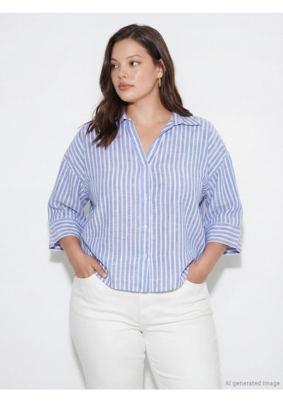 Lcw Vision Mavi Çizgili Oversize Poplin Kadın Gömlek