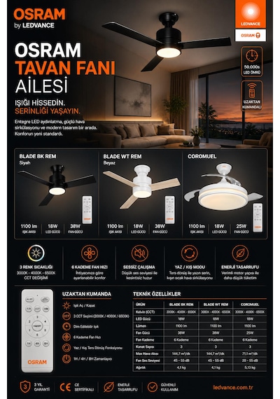 Osram Ceiling Blade Fan 18w 3 Kanatlı Beyaz Kumandalı Tavan Vantilatörü
