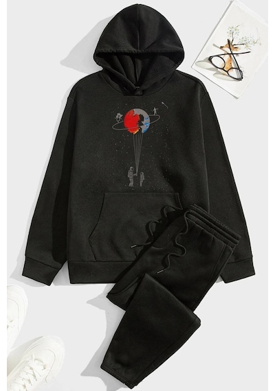 Uyguntarz Unisex Evren Temalı Baskılı Eşofman Takımı Siyah