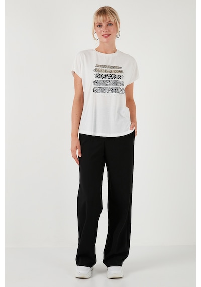 Lela Baskılı Bisiklet Yaka Regular Fit Bayan T Shirt 6671003 Ekru