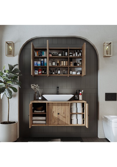 Lavabolu Mat Mdf 105 Cm Çekmeceli Dolap + Aynalı Üst Dolap Atl Atlantik Çam