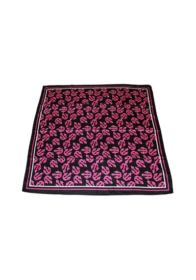 Tikitonki Pembe Çapa Figürlü Saten Siyah Eşarp - Kare Kesim 90x90 Çok Renkli Çok Renkli