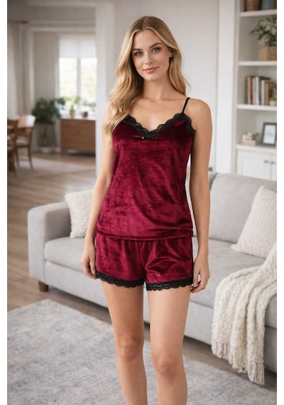 Tenra Kadife İnce Askılı Pijama Takımı Dantel Detaylı Bordo