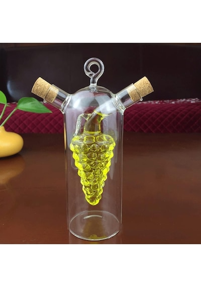 2'si 1 Arada Cam Yağlık Ve Sirkelik - İç İçe Geçmeli Çift Hazneli Dekoratif Sosluk - Mantar Kapaklı Zeytinyağı Ve Sirke Şişesi 240ml + 60ml Çok Renkli