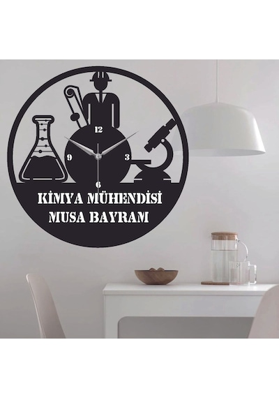 Kimya Mühendisi Temalı Ahşap Duvar Saati Siyah