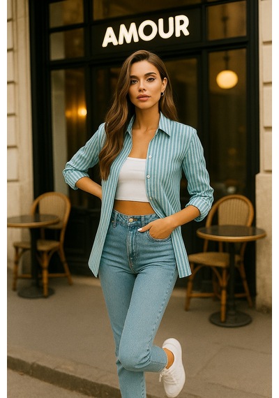 Rich Kadın Çizgili Oversize Gömlek Mint Yeşili Beyaz Pamuk Gömlek Mint Yeşili