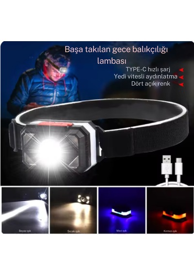 Su Geçirmez 7 Farklı Işık Moduna Sahip 800 Mah Lityum Pilli Kafa Feneri Siyah
