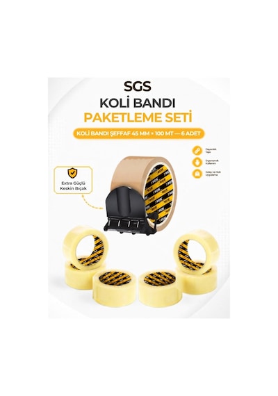 Sgs Akrilik Koli Bandı 6'lı Ekonomik Paket - 45 Mm X 100 M Şeffaf Bant Ve Kesme Aparatı