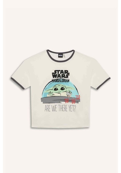 DeFacto Kız Çocuk Star Wars-Mandalorian Relax Fit Bisiklet Yaka Ribana Kısa Kollu Tişört E0478A825SPER99 Ekru