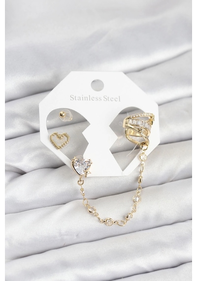 Mey İthalat Pirinç Gold Renk Kalp Model Zincir Bağlantılı Ear Cuff Küpe Seti Diğer