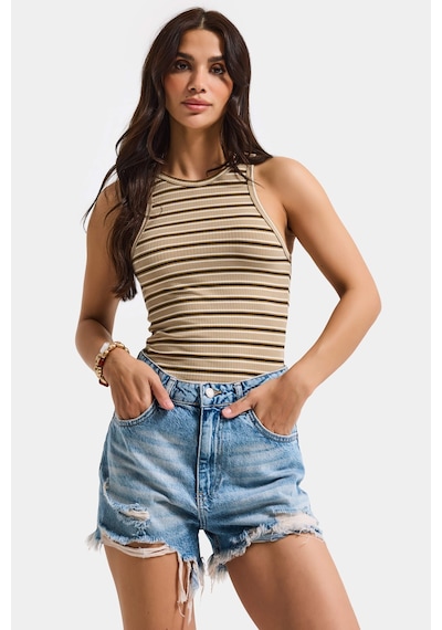 Itsbasic Kadın T.kot Rengi 12s5-32 Mini Boy Yüksek Bel Curved Yırtık Detaylı Püsküllü %100 Koton Denim Şort