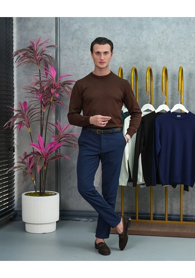 Modefendi Slim Fit Kalıp Pamuk Likra Sade Bisiklet Yaka Triko Kazak Kahverengi