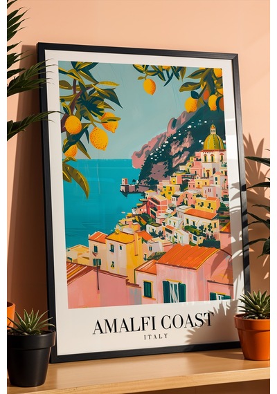 Amalfi Coast Italy Vintage Seyahat Posteri Çerçeveli Tablo - Premium Akdeniz Temalı Duvar Dekoru Siyah