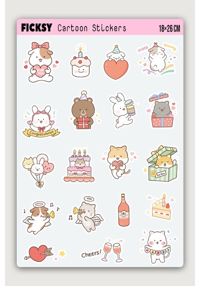 Kawaii Stili Sevimli Hayvanlar Doğum Günü Temalı Sticker Seti - 44 Adet Etiket Çıkartma Diğer