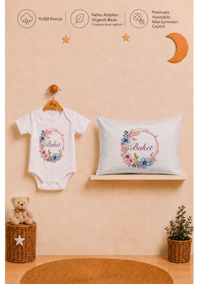 Pia Baby İsme Özel Kız Bebek Hediyesi %100 Pamuk Organik Baskılı Body Yastık Kılıfı Ve Ham Bez Kıyafet Kesesi 1036byk0x Ekru
