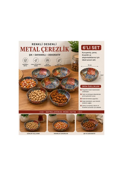6 Lı Renkli Desenli Metal Çerezlik Seti Kuruyemiş, İkramlık Ve Atıştırmalık Sunum Kasesi Yeşil